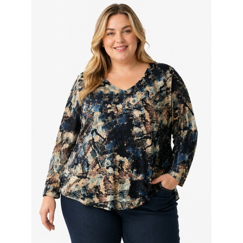 Cubism Top XXL Abstract Print  Multi Color V-Neck‎ 3/4 Sleeve Artsy Stretch Knit